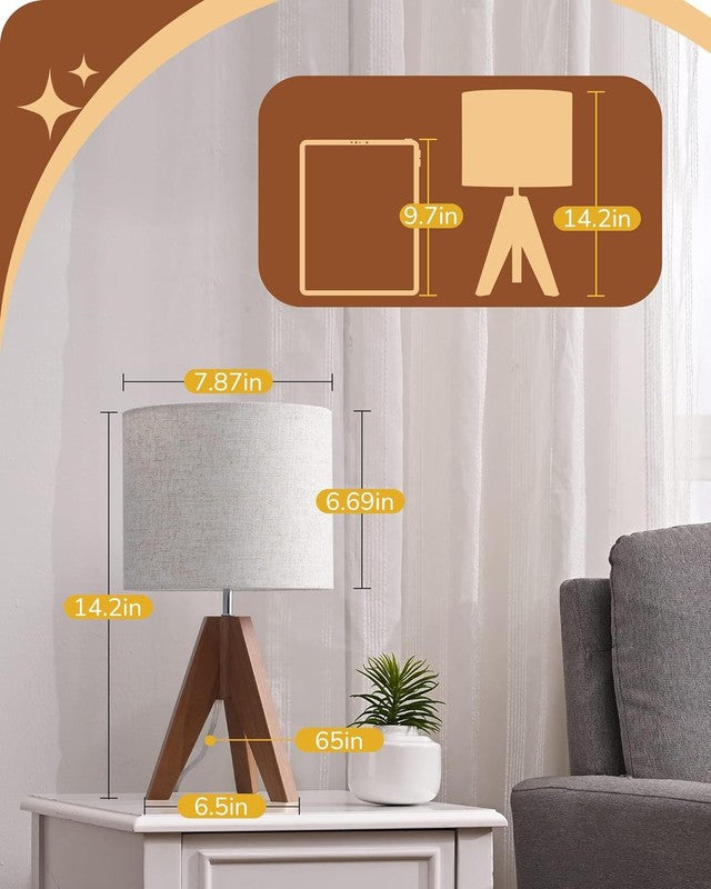 Tripod Table Lamp Small Bedside Lamp Linen Shade Wood Base 14.2in E265