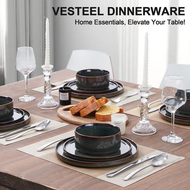 Dinnerware Set for 4, 12 Piece Stoneware Ribbed Dishes with Reactive Glaze, Cera4