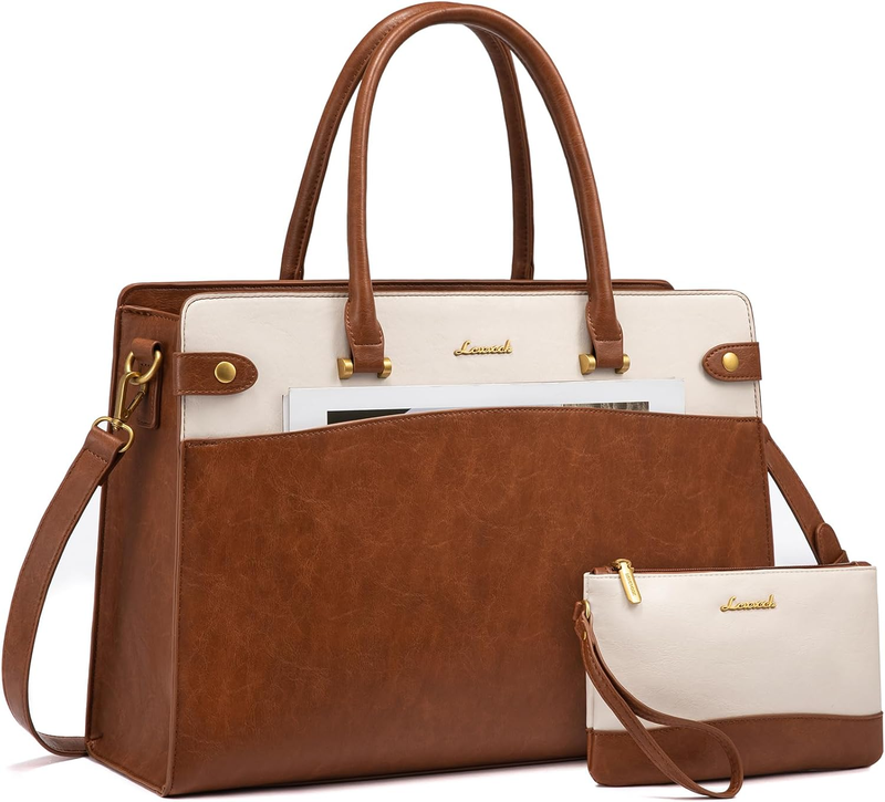 15.6" Laptop Bag for Women Vintage Leather Waterproof Tote Briefcase Brown-Beige9