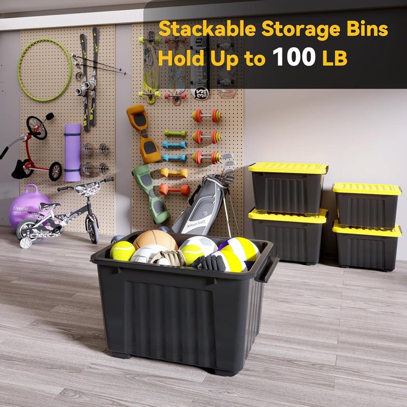 72Qt Black/Yellow Plastic Storage Bins w/Lids Stackable Nestable 6 Pack4