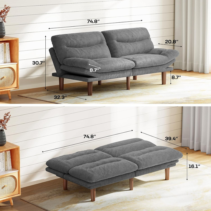 75in Futon Sofa Bed Convertible Corduroy Sleeper Sofa Loveseat Adjustable Grey1