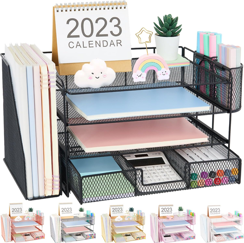 4-Tier Desk Organizer with Drawer & Pen Holders - Office Supplies (Black)10