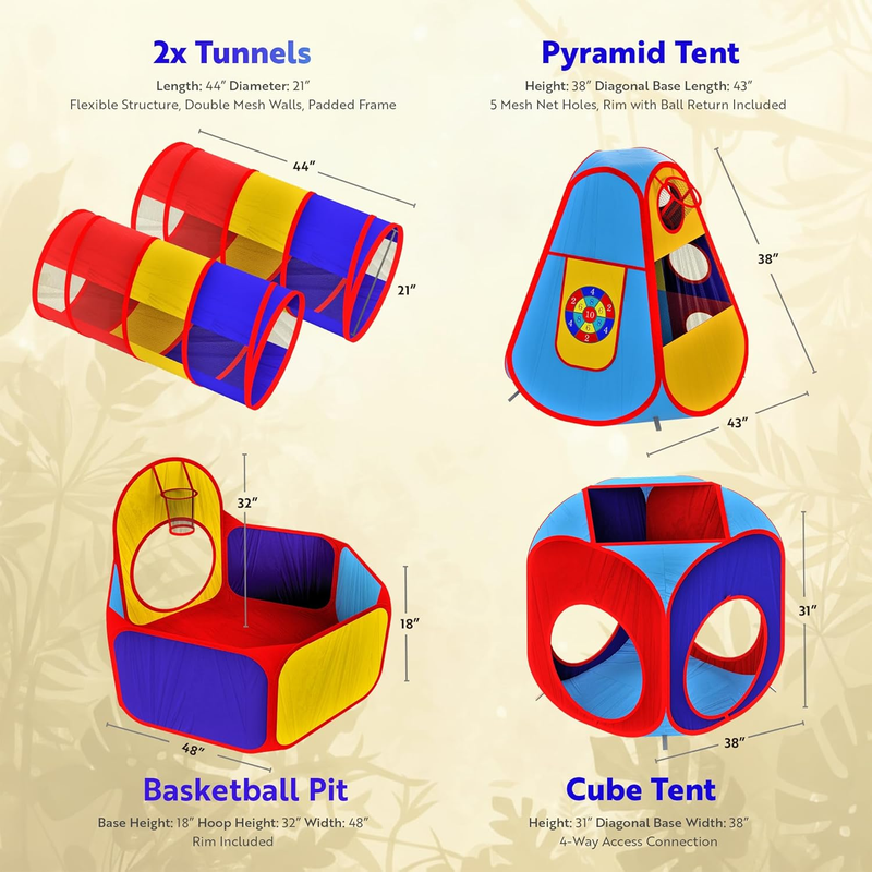 5 Pc Kids Play Tents & Tunnels Ball Pit Basketball Hoop Crawling Tubes Indoor/Ou1