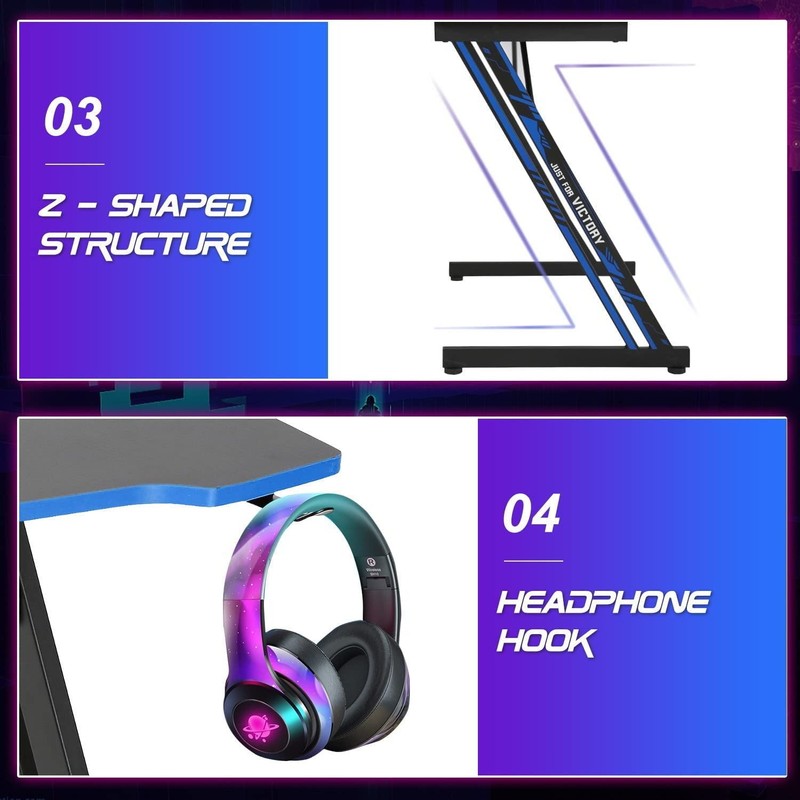 47" Modern Z Shaped Computer Desk w/ Headphone Hook Blue for Adults4