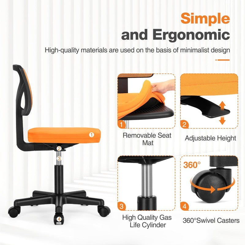 Home Office Desk Chair Armless Mesh Swivel Adjustable Low Back Orange3