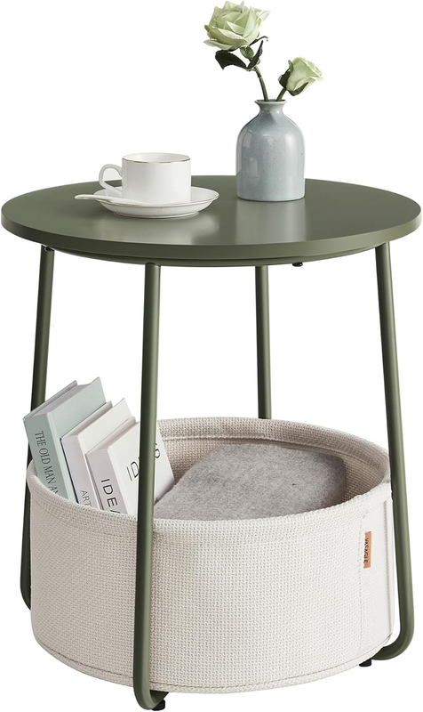 Small Round Side Table Nightstand with Fabric Basket Forest Green Cream White10