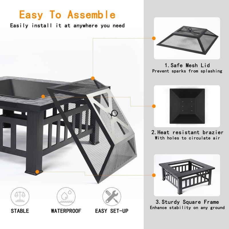 32" Outdoor Fire Pit Table Wood Burning w/ Lid, Poker, BBQ Net, Ice Tray, Black3