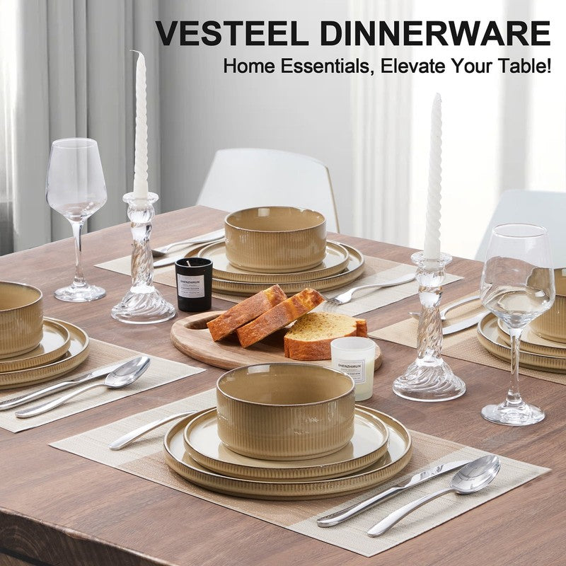 Dinnerware Set for 4, 12 Piece Stoneware Ribbed Dishes with Reactive Glaze, Cera5