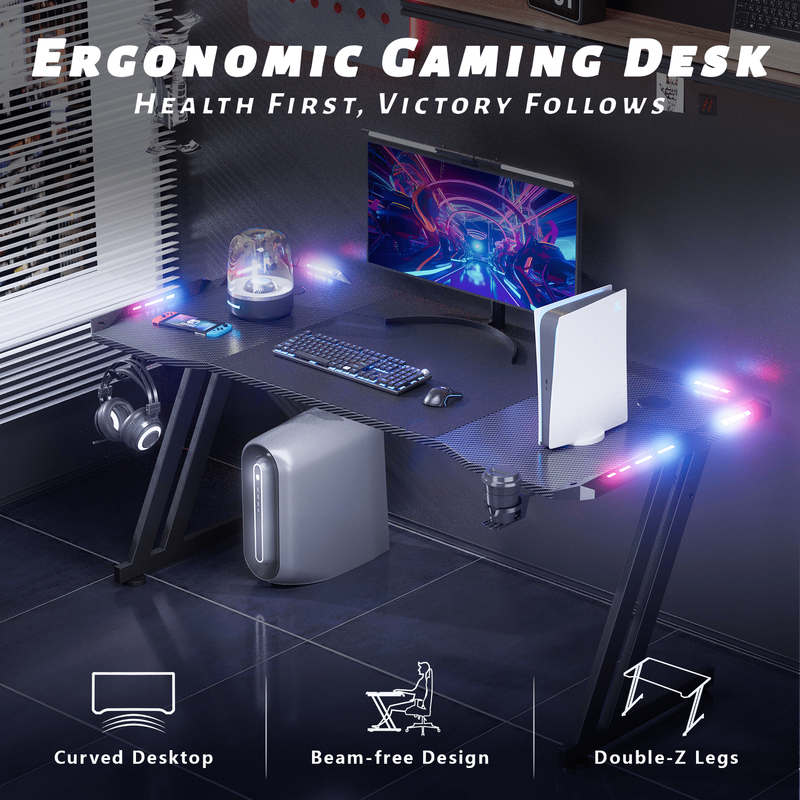 47" Gaming Desk w/ LED Lights, Cup Holder & Headphone Hook Black1