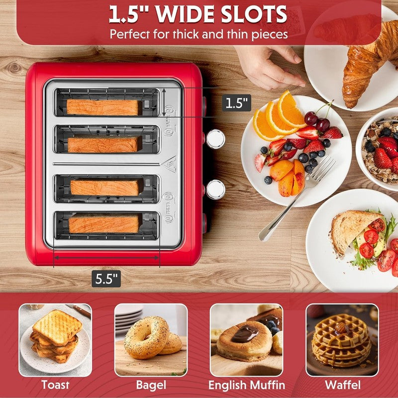 Retro 4 Slice Toaster 1800W Extra Wide Slots 7 Shade Bagel Muffin Stainless Red3