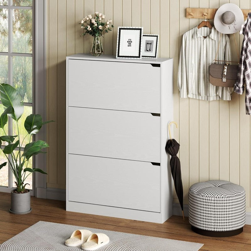 47.2'' Shoe Cabinet 3 Flip Drawers Freestanding Wood Storage Entryway White2