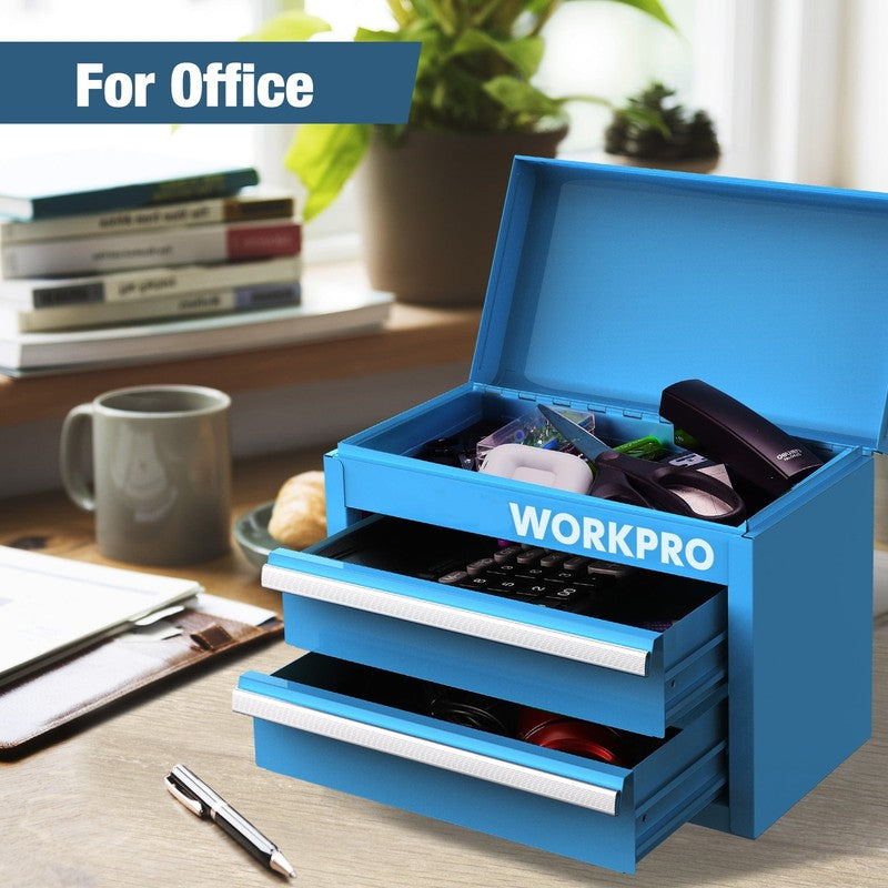 Mini Metal Tool Box with 2 Drawers and Top Storage, Small Tool Chest with PVC Li3