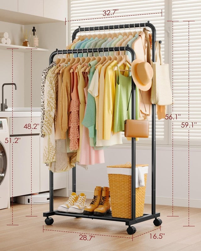 Clothes Rack with Double Rods, Mesh Shelf & Wheels, Metal Garment Rack Black1