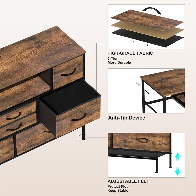 8 Drawer Dresser with Charging Station LED Light Fabric Drawers TV Stand Storage6