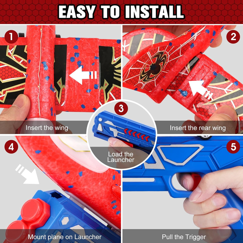 3 Pack Spider LED Foam Airplane Launcher Toys 2 Flight Modes Outdoor Kids5
