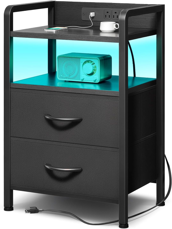 Nightstand w/ Charging Station LED Light 2 Fabric Drawers USB & AC Outlets9