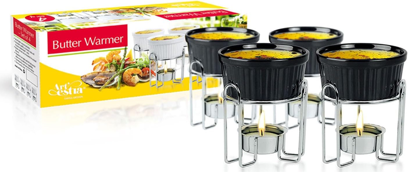 4pc Ceramic Butter Warmers Set, w/ Tea Light Candles, Dishwasher Safe, Black0
