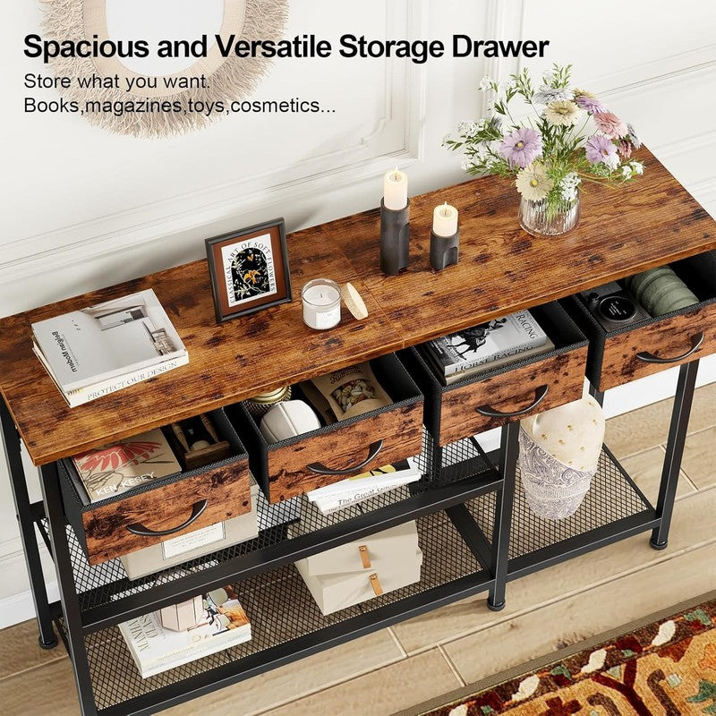47" Industrial Entryway Table Sofa Console 4 Fabric Drawers Rustic Brown2