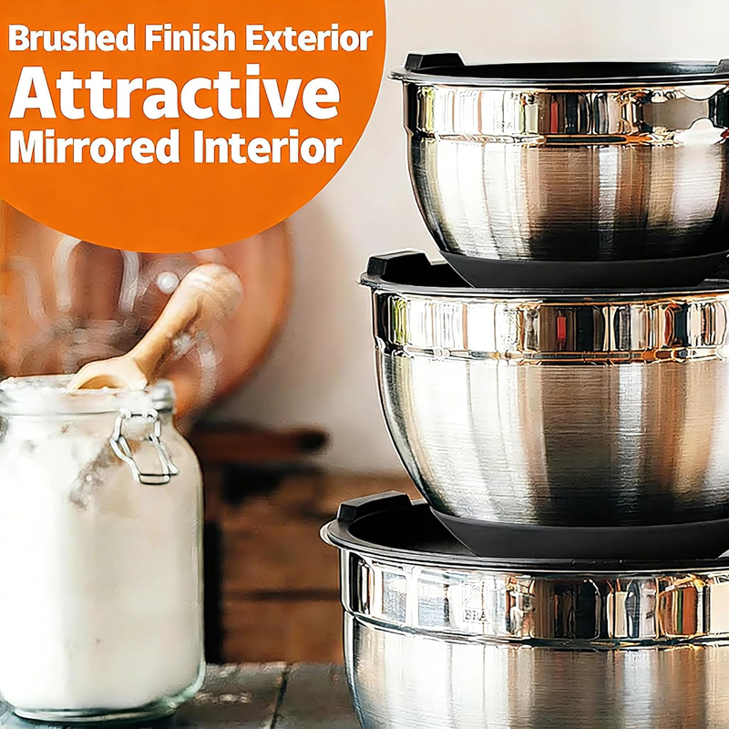 26PC Stainless Steel Mixing Bowl Set w/ Lids Grater Non Slip Base4