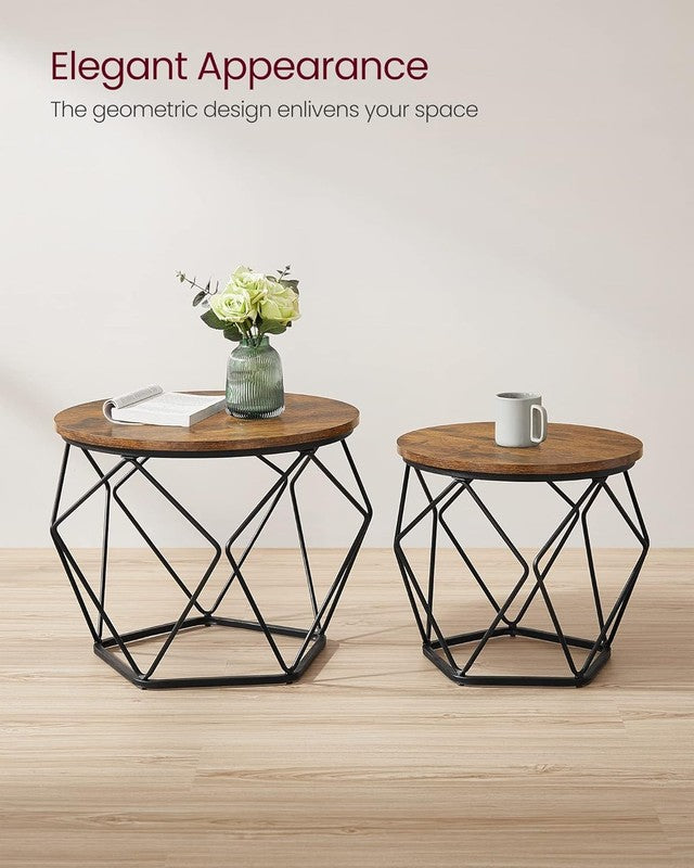 Small Round Coffee Table Set of 2 Steel Frame Side End Tables Rustic Brown Black8