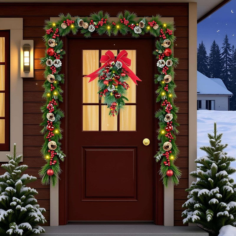 24" Pre-Lit Christmas Teardrop Swag Battery Operated Red Bow Pinecones Berries1