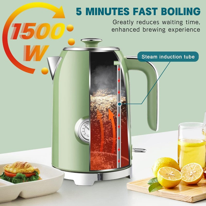 Electric Kettle 57Oz 1500W Stainless Steel Fast Boil w/ Thermometer Green4