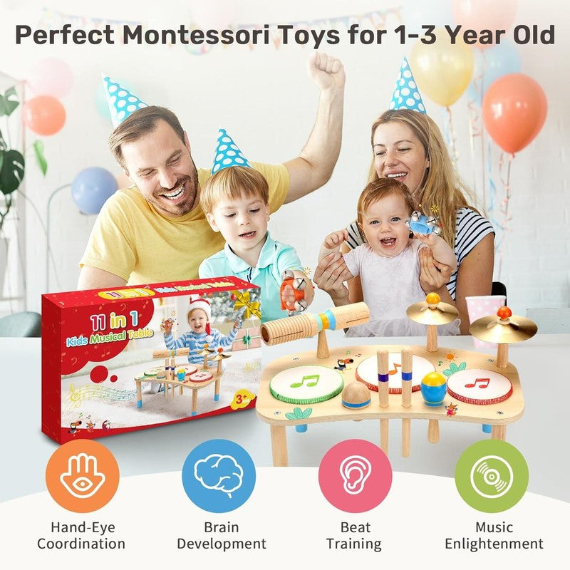 11 in 1 Kids Drum Set Montessori Wooden Musical Toys Toddler Music Table5
