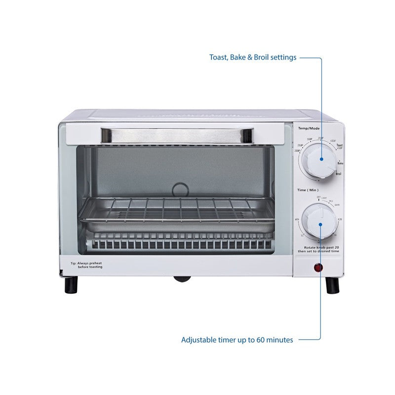 4-Slice Countertop Toaster Oven with Bake Pan & Rack, 3 Settings, White4