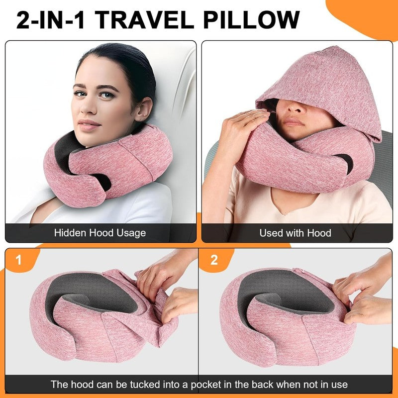 Hooded Memory Foam Travel Neck Pillow w/ Eye Mask & Earplugs – Red1