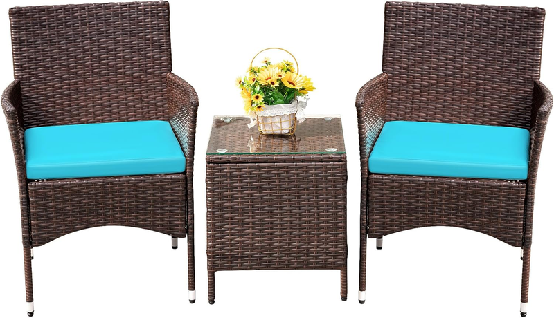 3 Piece Patio Furniture Set PE Rattan Table Outdoor Set Brown Blue Patio Porch11