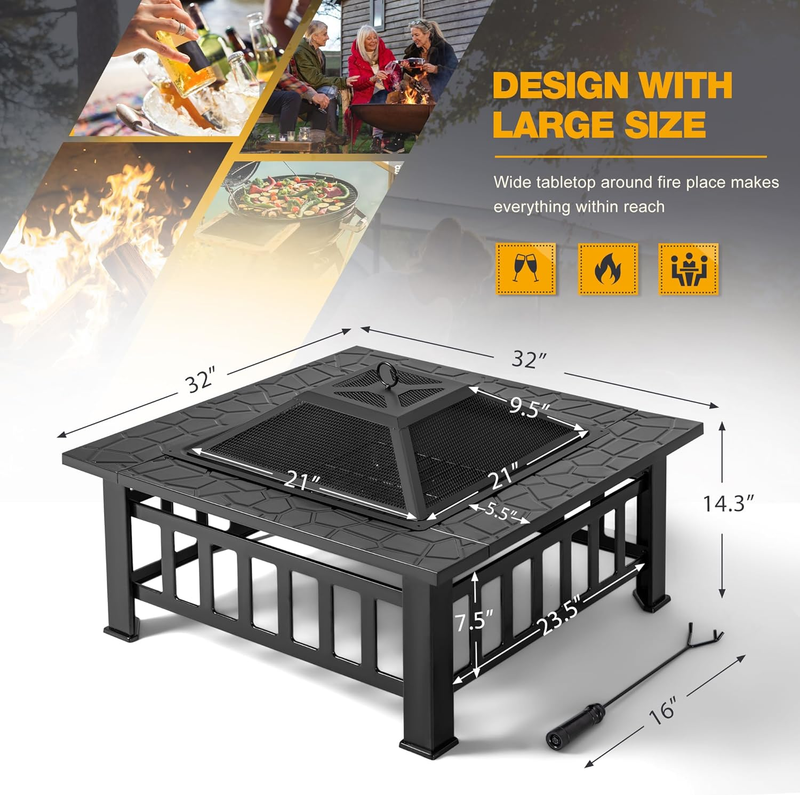 Outdoor Fire Pit, 32 Inch Firepit Table Metal Outdoor Fireplaces with Waterproof4