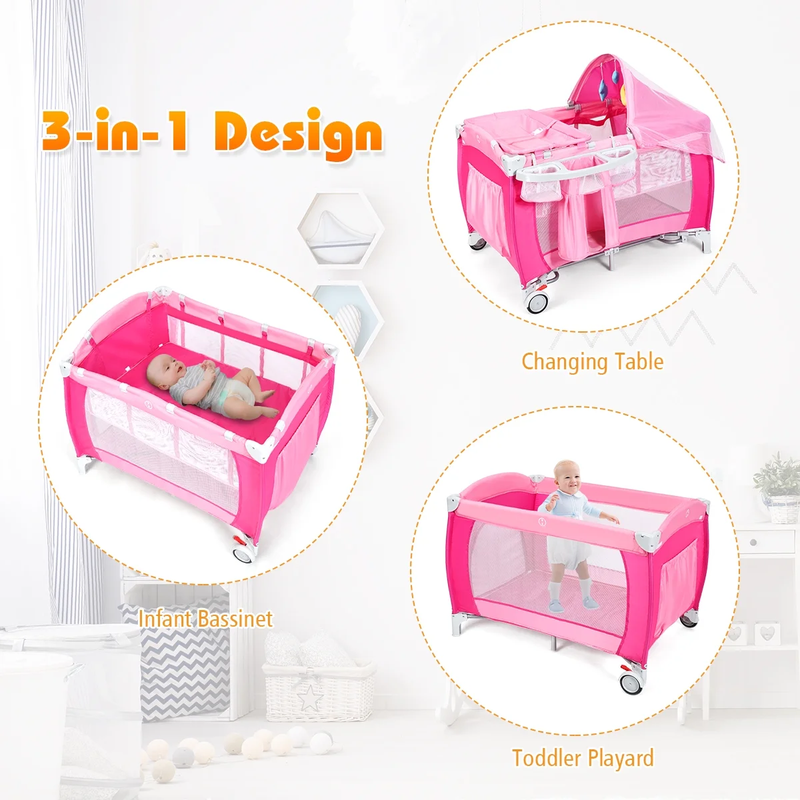 Foldable Baby Crib Playpen Travel Infant Flat Bassinet Bed Mosquito Net Music wi5
