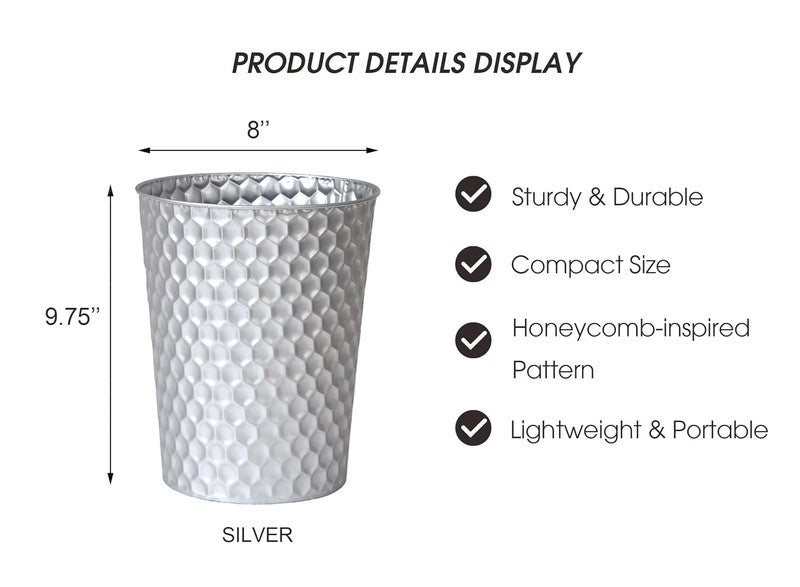 Small Metal Trash Can, Honeycomb Design, Decorative Waste Basket, Silver4
