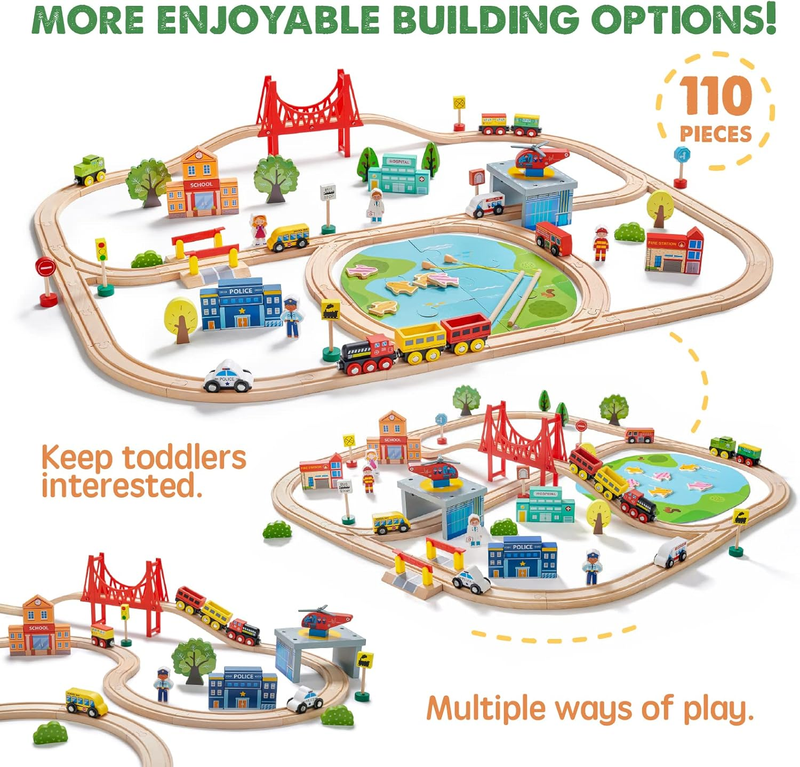 110 Pc Wooden Train Set w/ Tracks Railway Toy for Kids Ages 3 7 Compatible1