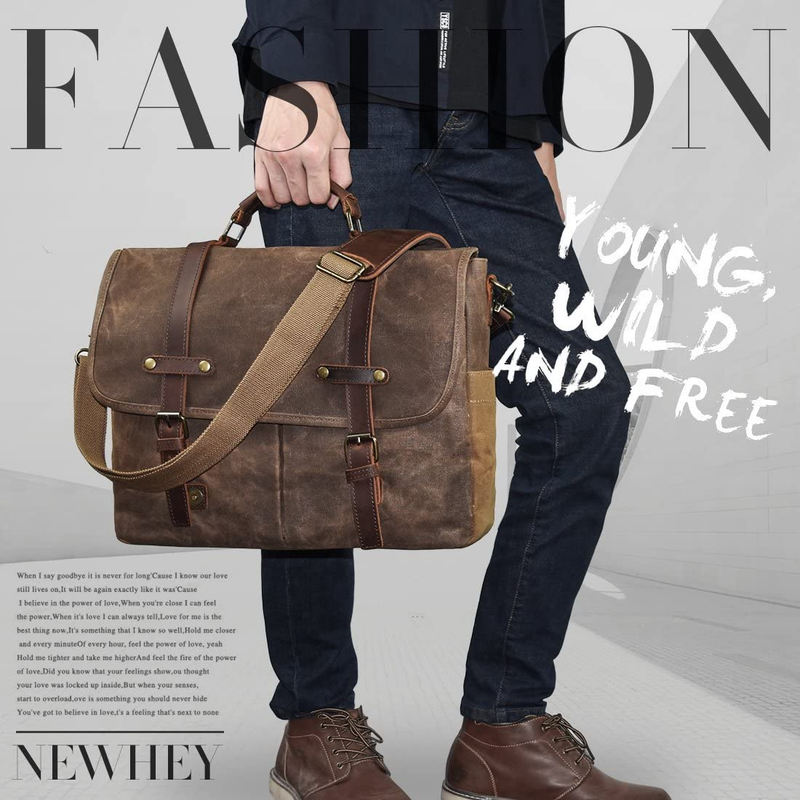Mens Messenger Bag 15.6 Inch Waterproof Vintage Genuine Leather Waxed Canvas Bri4