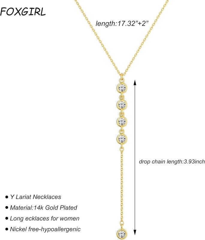 14K Gold Plated Lariat Y Necklace CZ Beaded Drop Pendant Layered for Women4