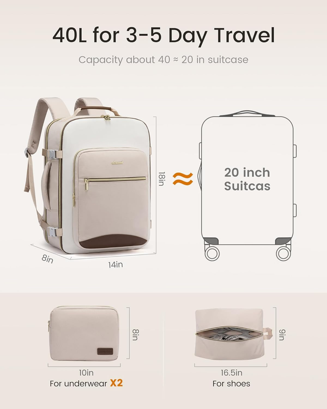 40L Travel Backpack Carry On TSA Approved 17in Laptop 3 Packing Cubes3