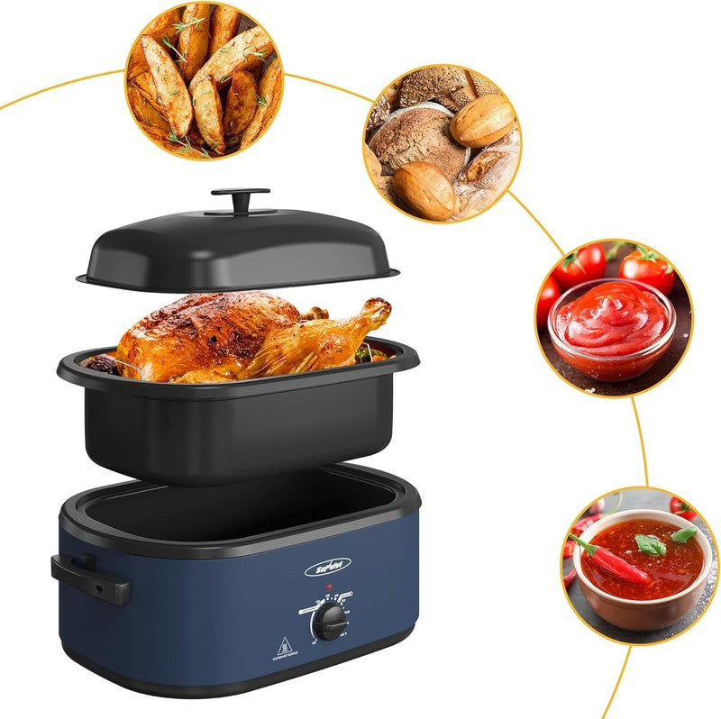 20Qt Electric Roaster Oven Stainless Steel Blue 3-Compartment Turkey Rack6