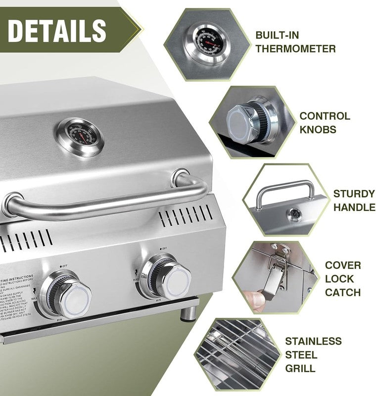 2 Burner Tabletop Gas Grill 20,000 BTU Portable Stainless Steel Propane Grill1