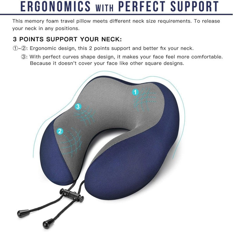 Memory Foam Travel Neck Pillow Kit w/ Eye Mask, Earplugs, Bag – Blue1