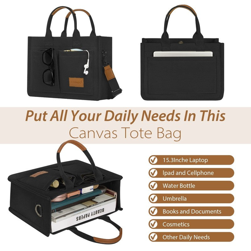 Canvas Tote Bag with Multi Pockets Large Crossbody Laptop Work Travel Tote Black1