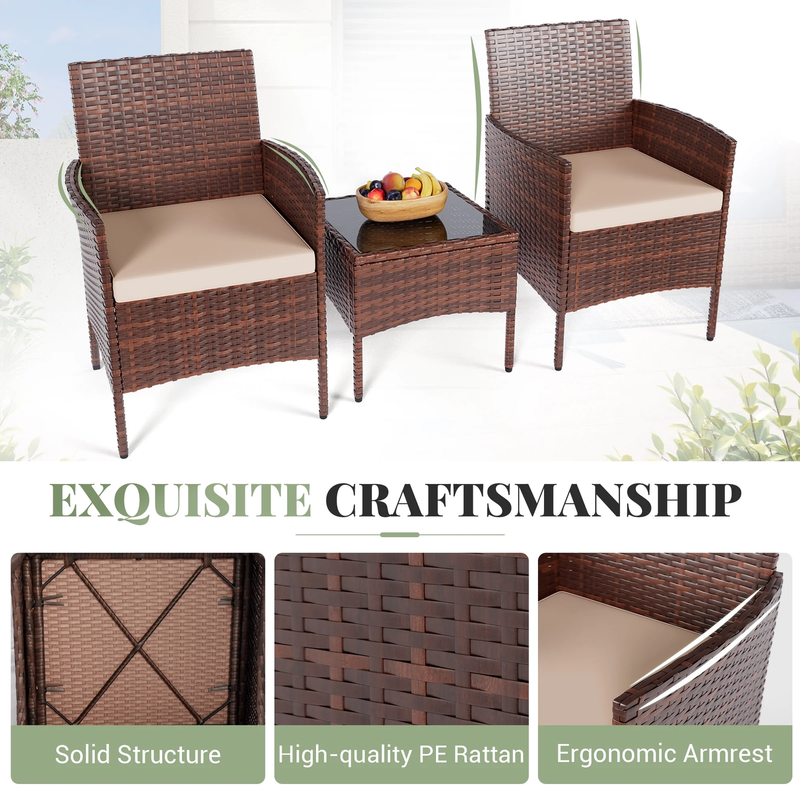 3 Pc Outdoor Patio Furniture Set Wicker Rattan Bistro Coffee Table Beige2