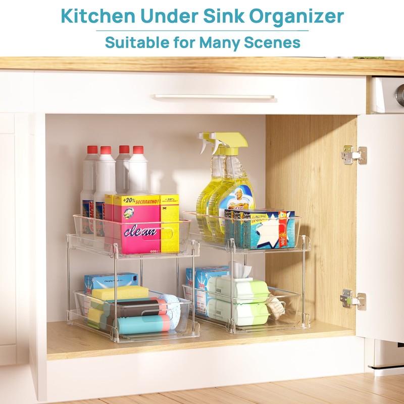 3 Pack Bathroom Plastic Storage Organizer, 2 Tier Clear under Sink Organizers Va5