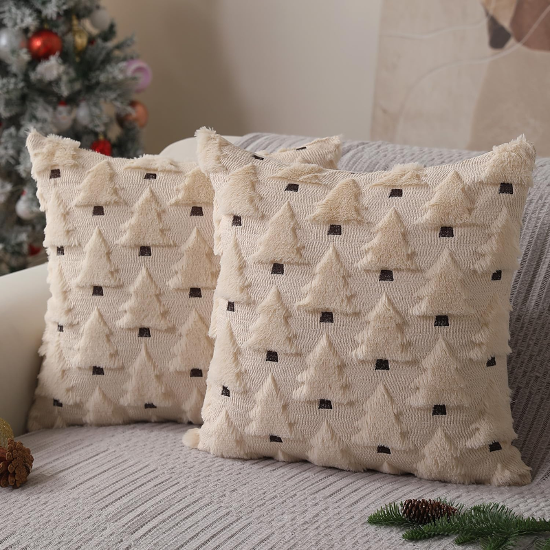 Christmas Pillow 18"x18" Covers Set of 2 Beige Plush Faux Fur Tree Holiday Decor7