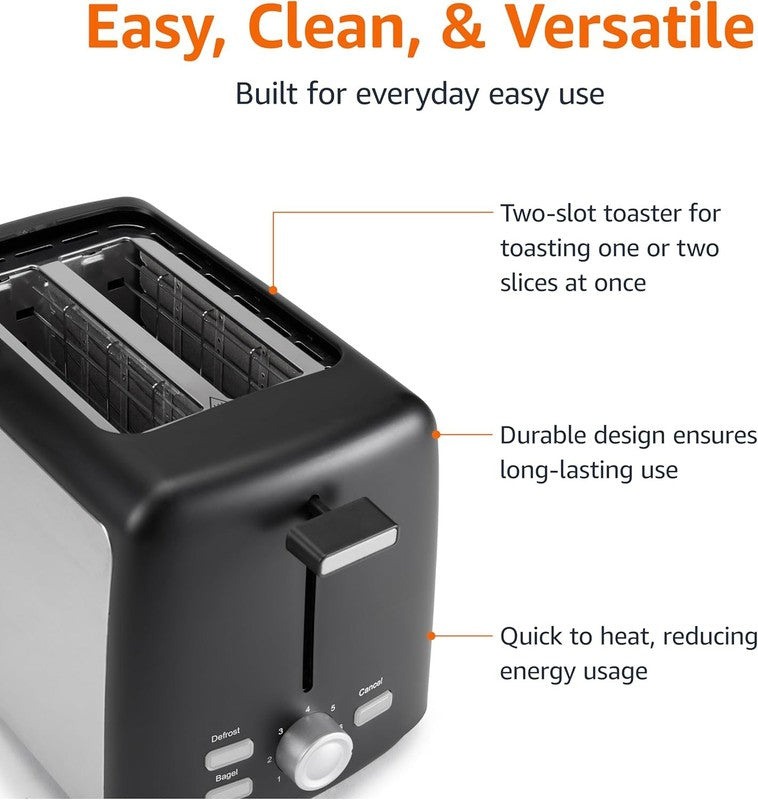 2 Slice Toaster Black & Silver - Wide Slots, 7 Shades, Bagel, Defrost, 800W3