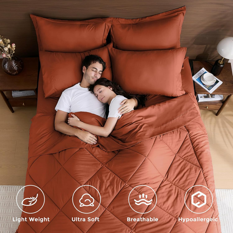 Burnt Orange Queen Comforter Set 7 Piece Bed in Bag Ultra Soft Sheets Shams Set1