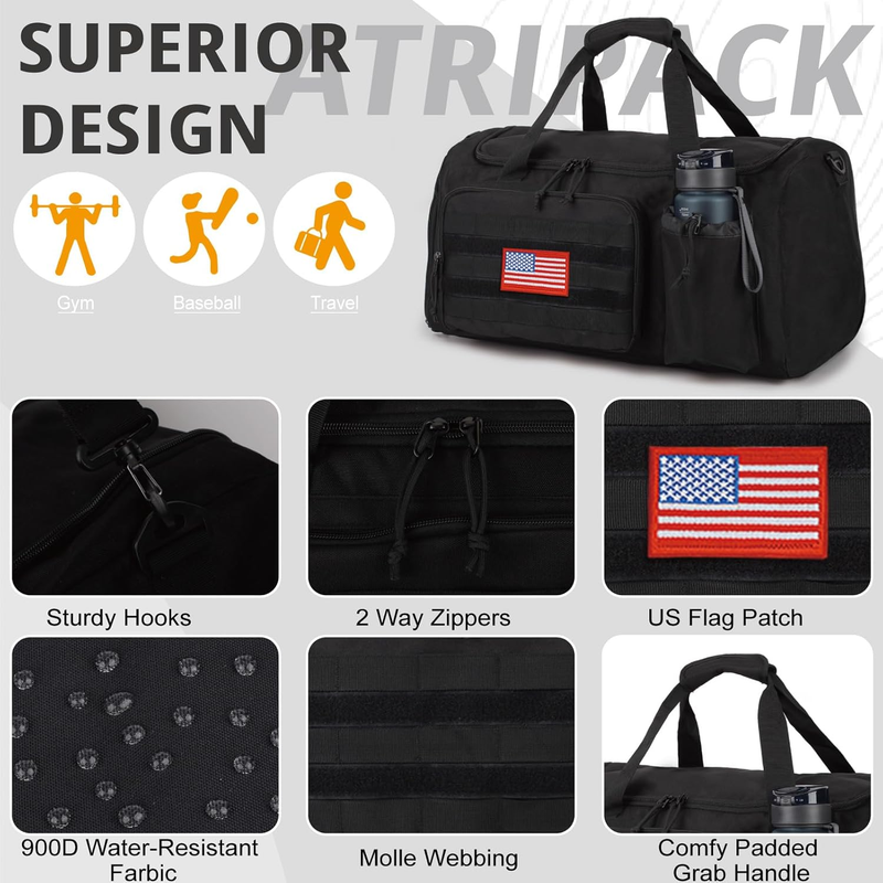 Tactical Gym Bag for Men, 40L Large Capacity Duffle Bags with Shoes Compartment,5