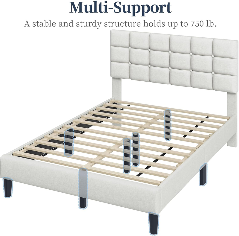 Upholstered Full Bed Frame Tufted Headboard Adjustable Wood Slats Beige Platform7