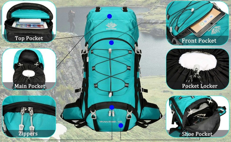 60L Travel Hiking Camping Backpack with Rain Cover, Backpack Water Resistant,Cli8