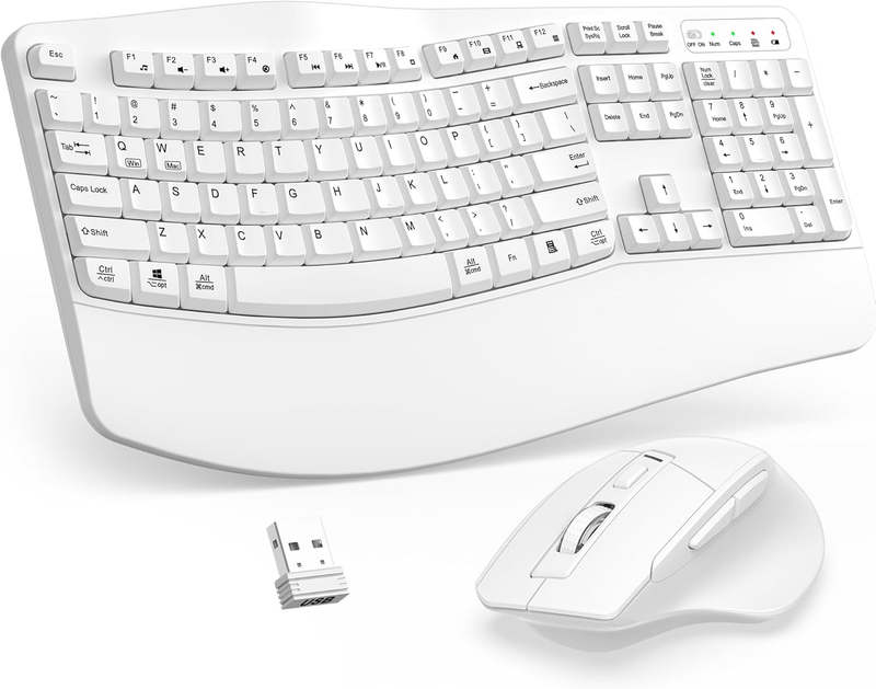 Wireless Keyboard and Mouse Combo, 2.4G Full Size Wave Keys Ergonomic Keyboard w8